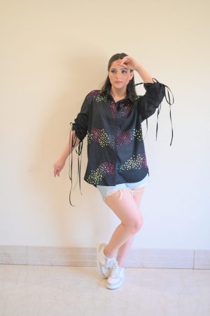 Rainbow Sequin Sprinkles On Shirt With Ruched Sleeves