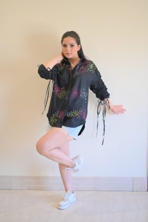 Rainbow Sequin Sprinkles On Shirt With Ruched Sleeves