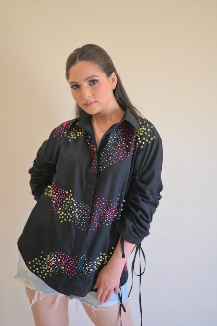 Rainbow Sequin Sprinkles On Shirt With Ruched Sleeves