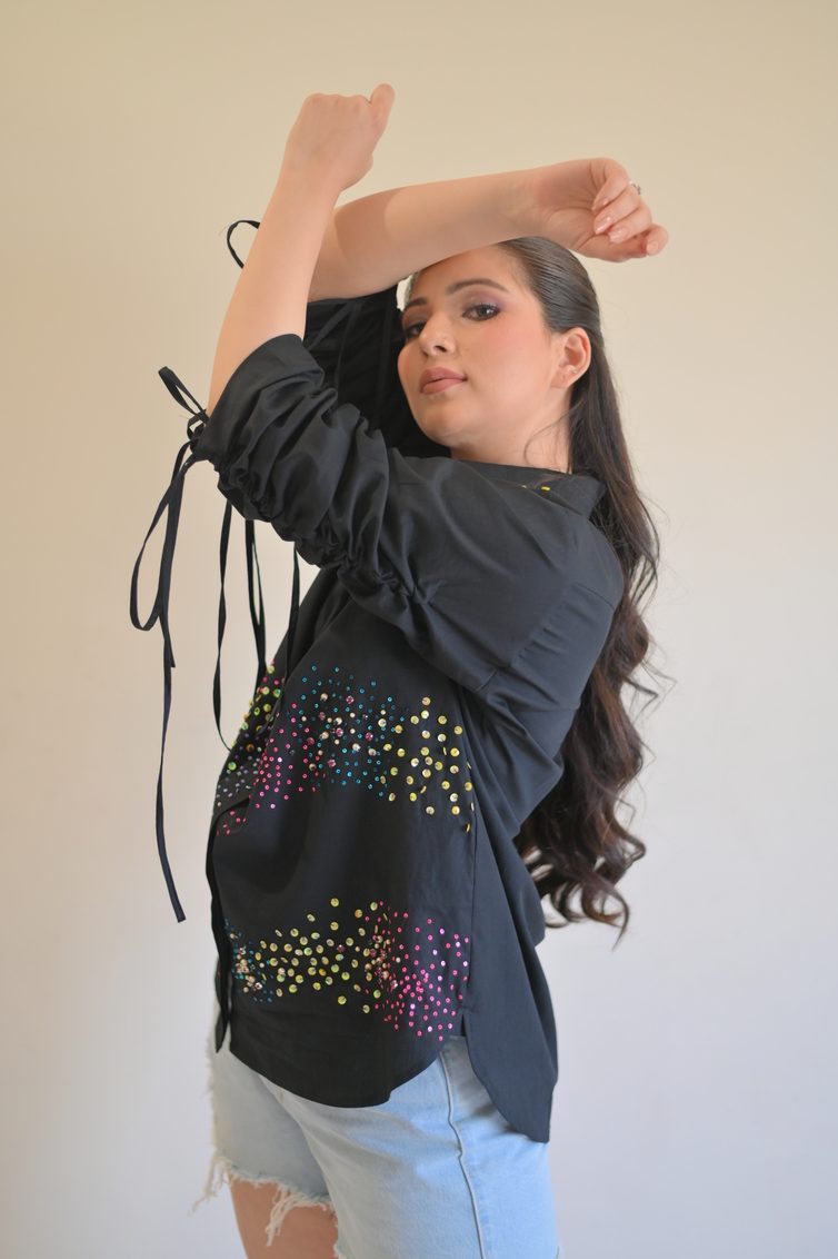 Rainbow Sequin Sprinkles On Shirt With Ruched Sleeves