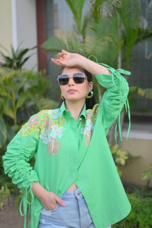 Multi Coloured Floral Embroidered Shirt With Ruched Sleeves