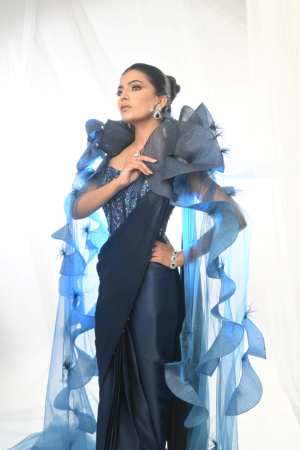 Midnight Elegance Cascade Saree Drape