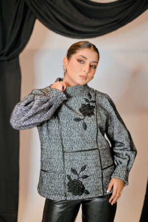 The Textured Tweed Mock-Neck shirt with Floral Appliqué